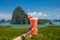 Fresh watermelon shake on the background of the bay of Phan Nga, Thailand.
