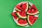 Fresh Watermelon Sliced in Triangles on Plate, Pastel Background and Copy Space