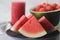 Fresh watermelon slices. Its good to keep your body cool from the summer heat. Shot along with water melon scoops and juice