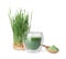 Fresh wheat grass juice in glass, spoon of powder and sprouts