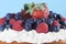 Fresh whipped cream and berries layer cake closeup.