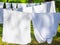 Fresh white laundry hanging on a washing rope outdoor in a summer camp in a forest, close up photo