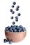 Fresh whole blueberries falling into bowl on white background