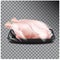 Fresh whole chicken in tray packing. Vector illustration of Realistic mockup of hen meat sales plastic package. Side