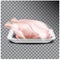 Fresh whole chicken in white tray packing. Vector illustration of Realistic mockup of hen meat sales plastic package