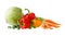 Fresh whole iceberg salad, red paprika and yellow tomato with water drops, bunch carrots, basil leaves isolated on white