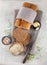 Fresh wholegrain bread on white wooden kitchen table