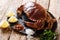 Fresh wild brown crab with ingredients close-up on the table. ho