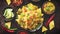 Fresh yellow corn nacho chips on ceramic plate
