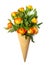 Fresh yellow-orange spray roses in a waffle cone on a white background. Copy space, flat lay