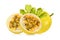 Fresh yellow passion fruit with leaf on white background