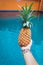 Fresh yellow pineapple tropic fruit summer woman hands carrying near pool