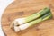 Fresh young onions above wooden cutting board