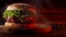 Fresh yummy grilled burger on wooden smoke background. Meat patty, tomatoes, cucumber, lettuce and sesame seeds. Fast