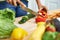 Only the freshest ingredients. a young woman slicing vegetables in a kitchen.