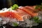 The freshest steak or fillet of fresh Atlantic salmon with herbs. Fresh fish chilled in ice. close-up. Ready to eat