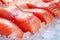 The freshest steak or fillet of fresh Atlantic salmon with herbs. Fresh fish chilled in ice. close-up. Ready to eat