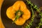 a freshest yellow paprika, bell pepper in ceramic plate