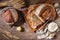 Freshly artisan baked beetroot, heat and rye bread, country bread. Simple bread  with butter for breackfast