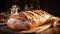 Freshly baked appetizing white loaf of white bread lies on the kitchen table