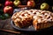 Freshly baked apple pie, homemade and delightful with piece cut off, ripe fresh fruits and cinnamon sticks, on dark