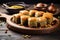 Freshly baked baklava arranged on a decorative platter, mediterranean food life style Authentic