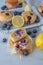 Freshly baked blueberry ricotta muffins with lemon