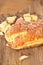 Freshly baked bread cut for sampling at a farmers market