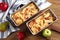 Freshly baked bread pudding in casserole dishes