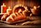 Freshly baked bread in rustic setting with copyspace