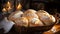 Freshly baked bread on a rustic wooden table, a homemade delight generated by AI