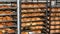 Freshly baked bread, shelves with buns. Quito, Ecuador