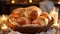 Freshly baked bread on wooden table, candle illuminates rustic meal generated by AI