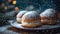 Freshly baked buns with whipped cream on a tray, on festive background with bokeh lights. Sweet pastries. Generative AI