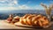 Freshly baked challah, festive bread on table against backdrop of mountain. Close-up. AI generated