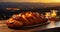 Freshly baked challah, festive bread on table against backdrop of old city. Close-up. AI generated