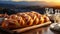 Freshly baked challah, festive bread on table against backdrop of old city. Close-up. AI generated