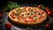 Freshly baked, cheesy, and delicious pizza topped with tomatoes, herbs, and vegetables.