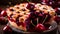 Freshly baked cherry pie on rustic wooden background, perfect summer dessert for picnics