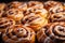Freshly baked cinnamon buns with frosting. Generative AI