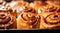 Freshly baked cinnamon buns with frosting. Generative AI