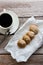 Freshly baked cookies with cinnamon, coffee. Sweet lunch.