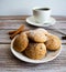 Freshly baked cookies with cinnamon, coffee. Sweet lunch.