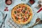 Freshly baked crispy pizza with tomatoes, broccoli, beef, bacon, chicken and mozzarella on a gray background in a composition with