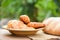 Freshly baked croissants - Bakery bread on sack in the table homemade breakfast food concept