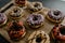 Freshly baked donuts, with chocolate and vanilla, differently decorated, served on a cutting board