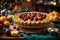 Freshly baked fruit pie with raspberries, strawberries, blackberries. Close up. Generative AI