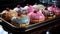 Freshly baked gourmet donuts, a sweet indulgence on a plate generated by AI