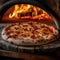 Freshly baked gourmet pizza straight from the brick oven emerges