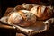 Freshly baked handmade sourdough bread with golden crust top view, bakery concept. Baker shop